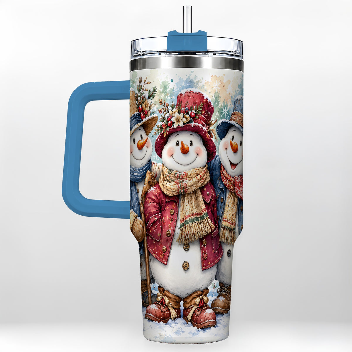 #pl[40oz|Blue] Botanical Snowman 40oz Tumbler, Winter Stainless Steel Travel Cup