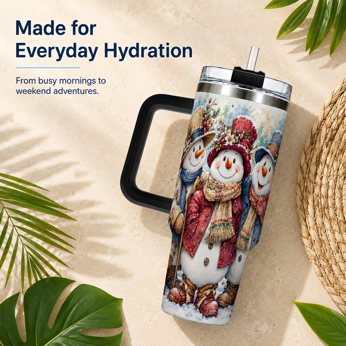 #pl[40oz|Black] Botanical Snowman 40oz Tumbler, Winter Stainless Steel Travel Cup