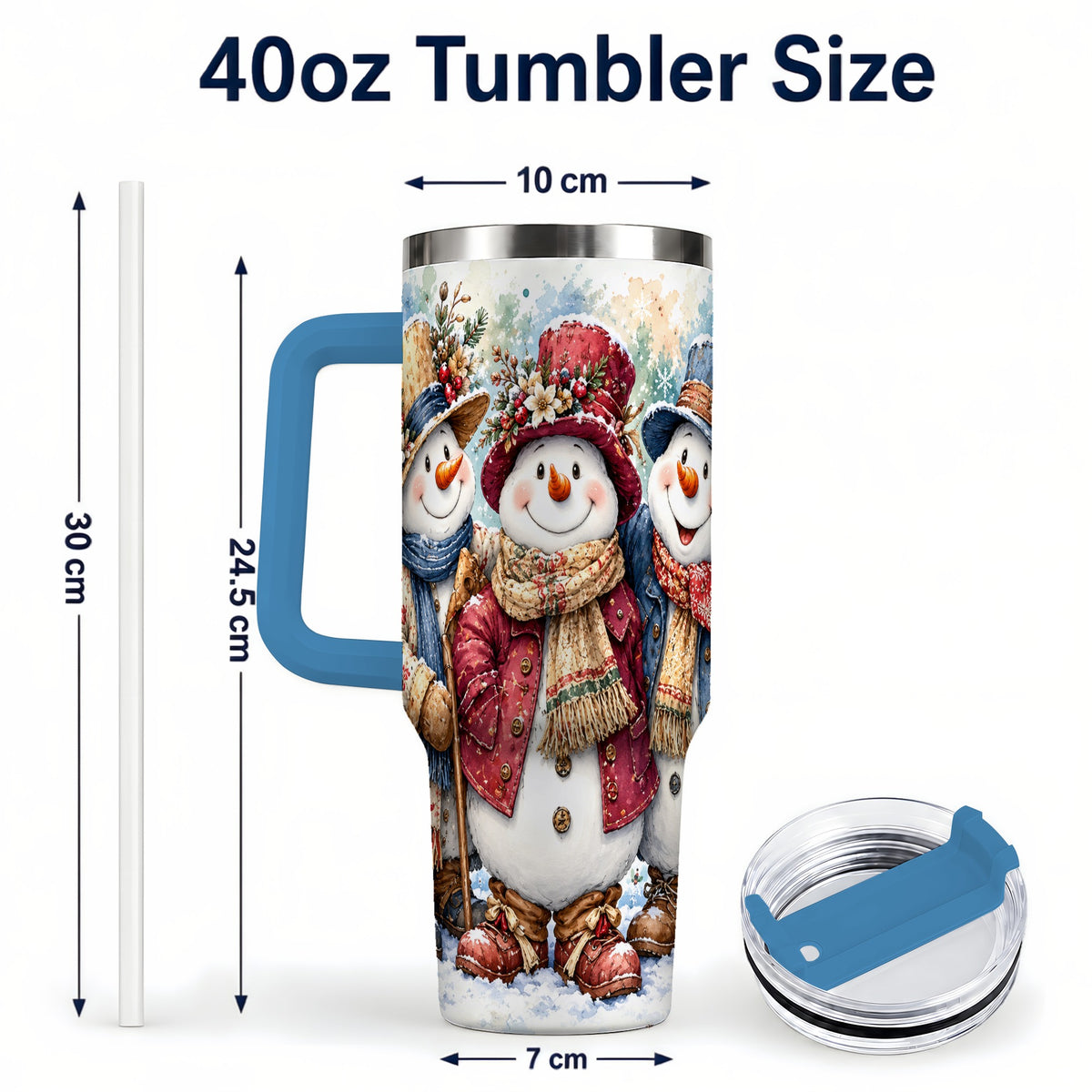 #pl[40oz|Blue] Botanical Snowman 40oz Tumbler, Winter Stainless Steel Travel Cup