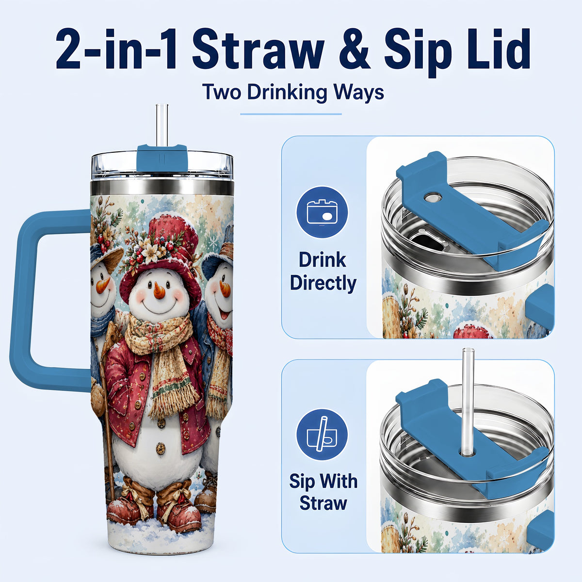 #pl[40oz|Blue] Botanical Snowman 40oz Tumbler, Winter Stainless Steel Travel Cup