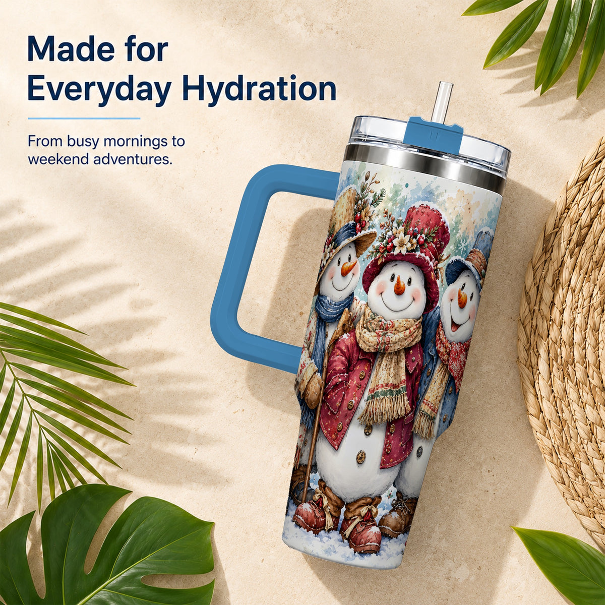 #pl[40oz|Blue] Botanical Snowman 40oz Tumbler, Winter Stainless Steel Travel Cup