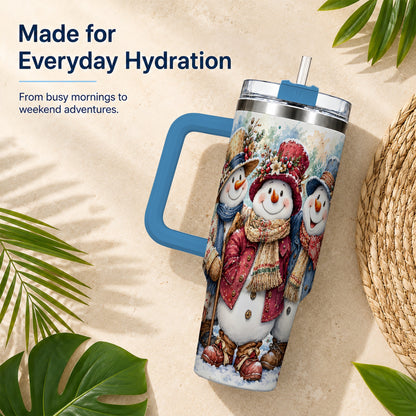 #pl[40oz|Blue] Botanical Snowman 40oz Tumbler, Winter Stainless Steel Travel Cup