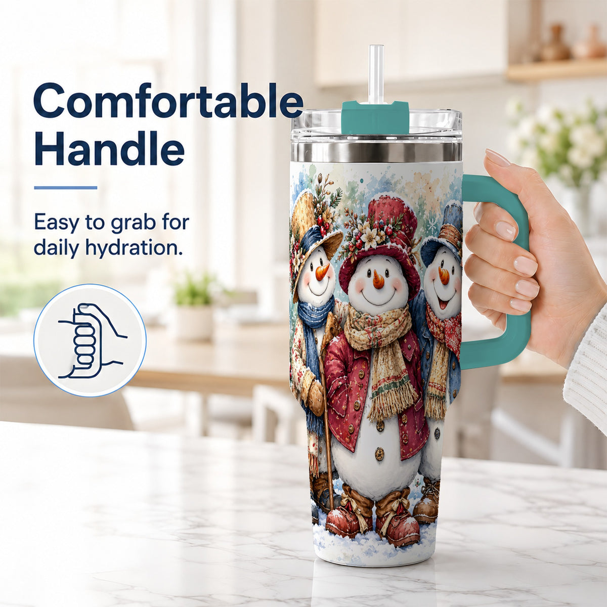#pl[40oz|Green] Botanical Snowman 40oz Tumbler, Winter Stainless Steel Travel Cup