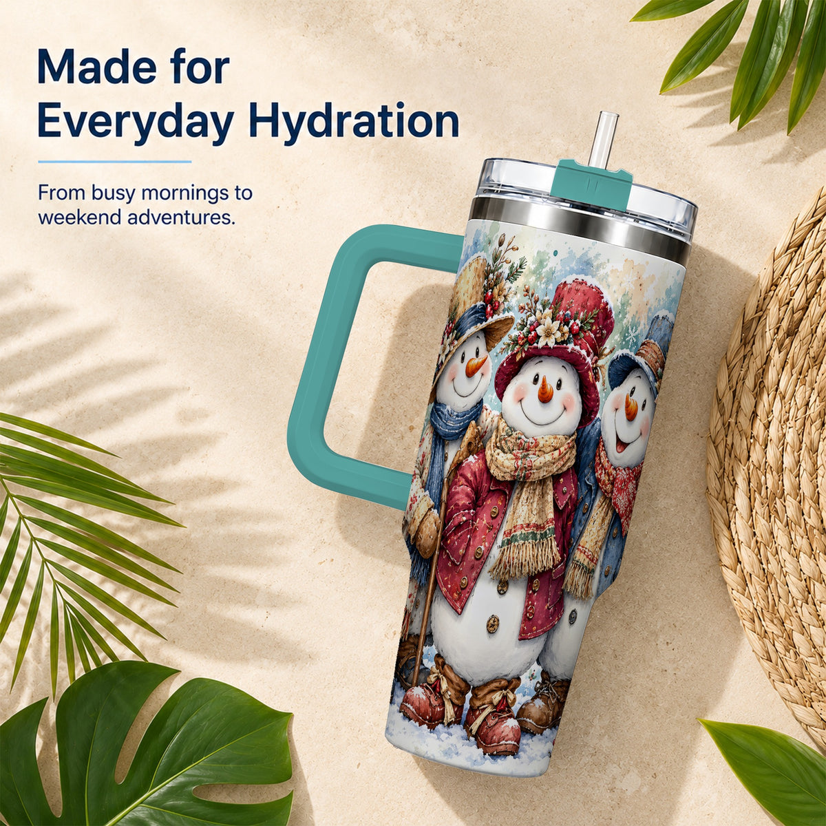 #pl[40oz|Green] Botanical Snowman 40oz Tumbler, Winter Stainless Steel Travel Cup