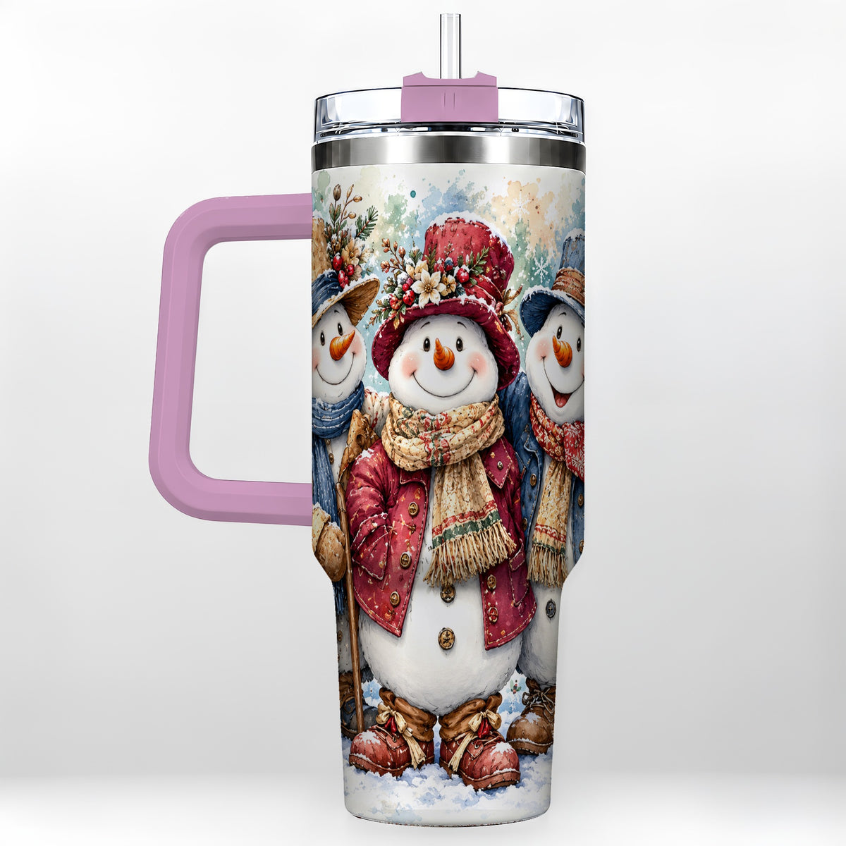 #pl[40oz|Pink] Botanical Snowman 40oz Tumbler, Winter Stainless Steel Travel Cup