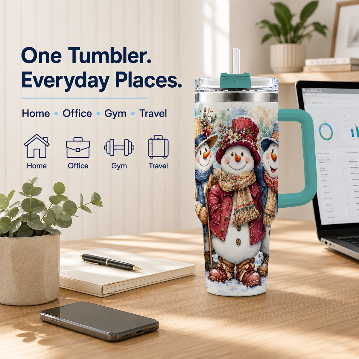 #pl[40oz|Green] Botanical Snowman 40oz Tumbler, Winter Stainless Steel Travel Cup