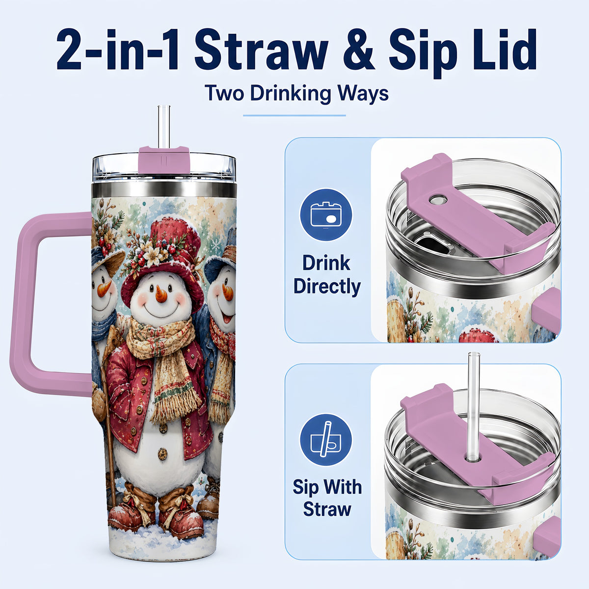 #pl[40oz|Pink] Botanical Snowman 40oz Tumbler, Winter Stainless Steel Travel Cup