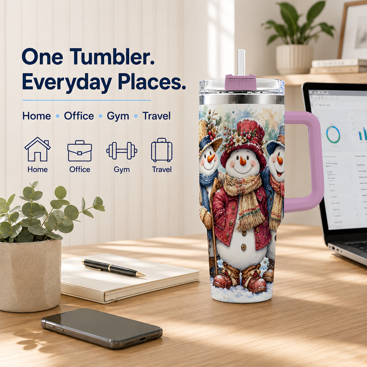 #pl[40oz|Pink] Botanical Snowman 40oz Tumbler, Winter Stainless Steel Travel Cup
