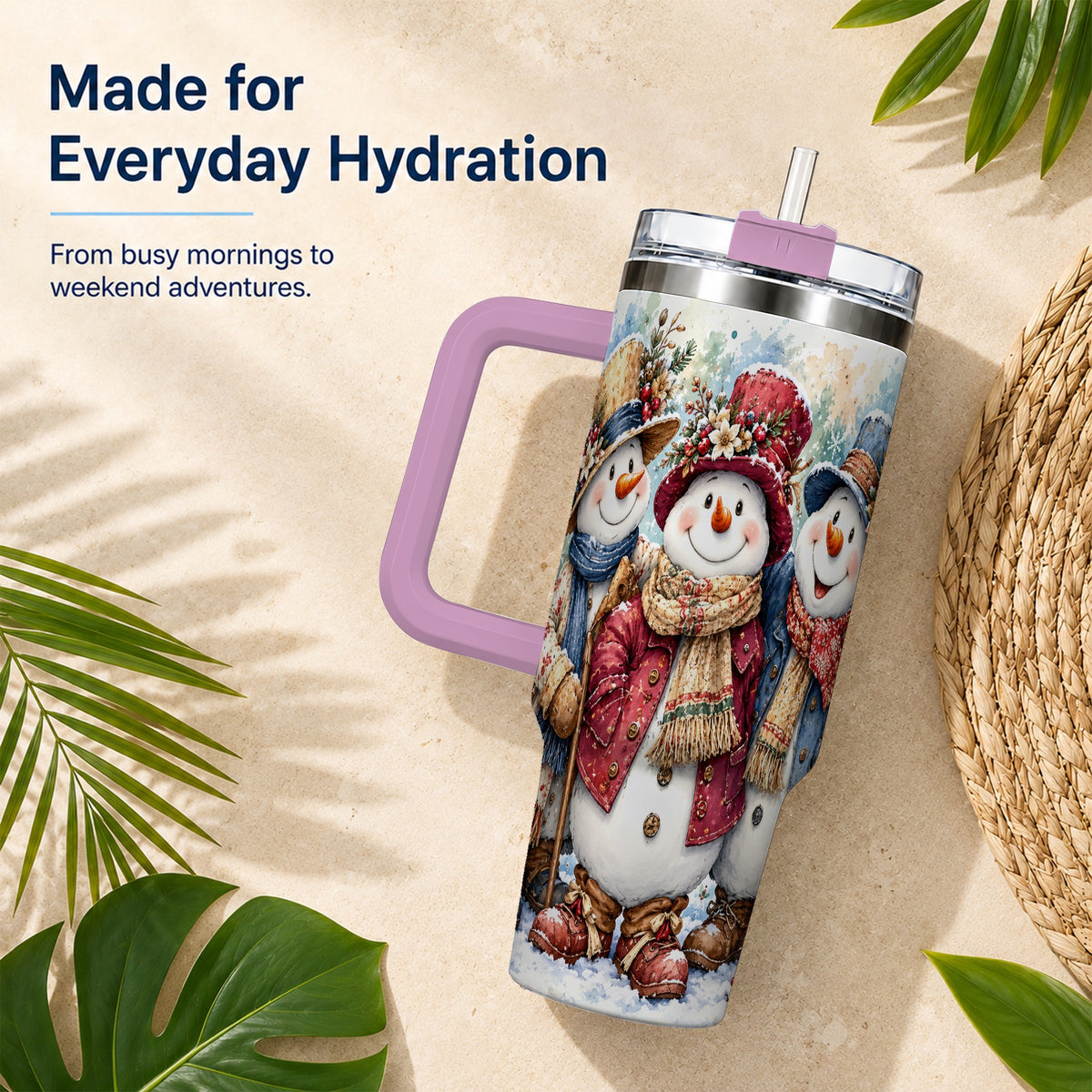 #pl[40oz|Pink] Botanical Snowman 40oz Tumbler, Winter Stainless Steel Travel Cup