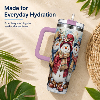 #pl[40oz|Pink] Botanical Snowman 40oz Tumbler, Winter Stainless Steel Travel Cup