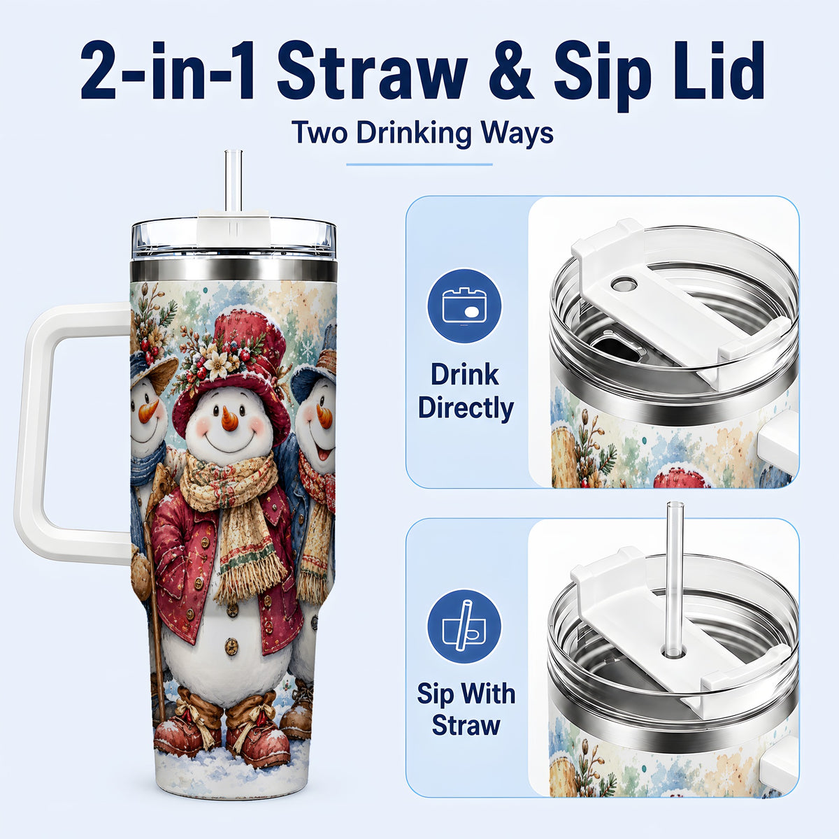 #pl[40oz|White] Botanical Snowman 40oz Tumbler, Winter Stainless Steel Travel Cup