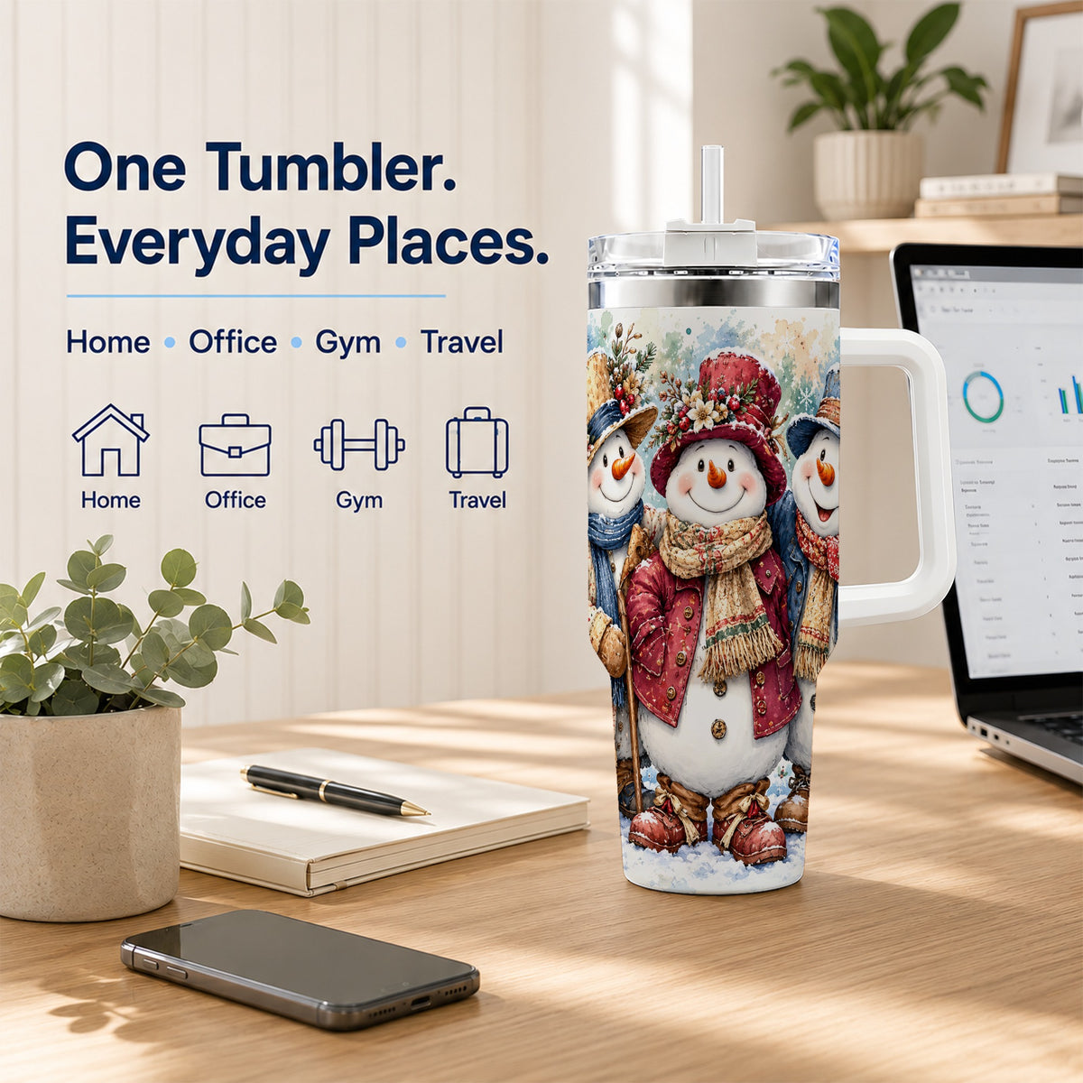 #pl[40oz|White] Botanical Snowman 40oz Tumbler, Winter Stainless Steel Travel Cup
