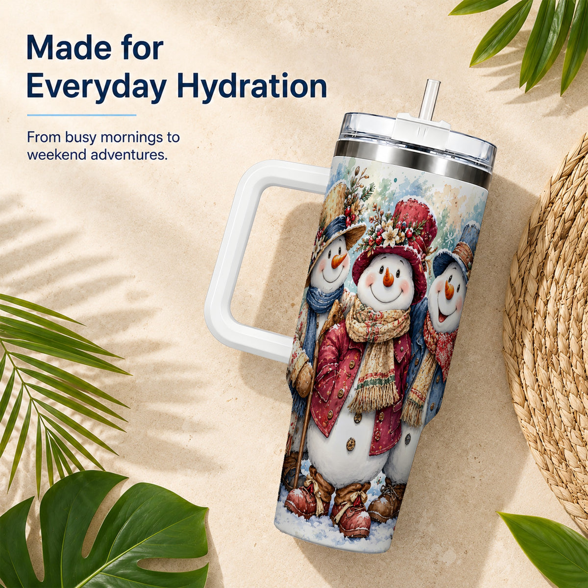 #pl[40oz|White] Botanical Snowman 40oz Tumbler, Winter Stainless Steel Travel Cup