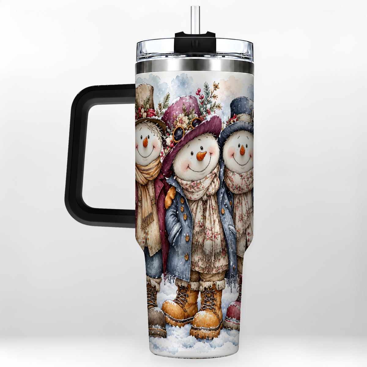 #pl[40oz|Black] Vintage Snowman Trio 40oz Tumbler, Winter Stainless Steel Travel Cup
