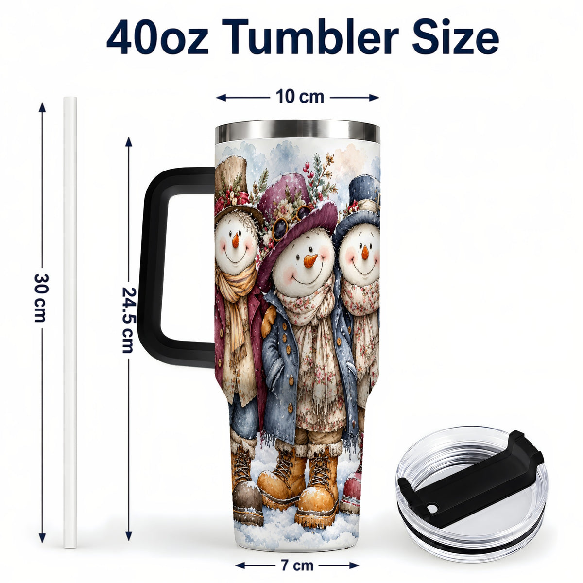 #pl[40oz|Black] Vintage Snowman Trio 40oz Tumbler, Winter Stainless Steel Travel Cup