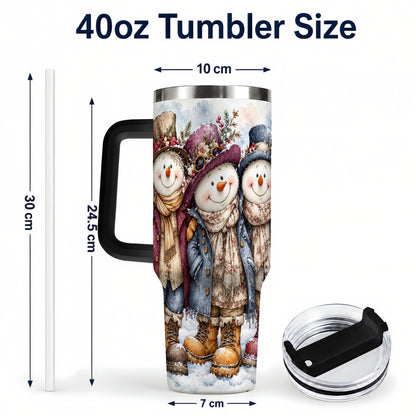 #pl[40oz|Black] Vintage Snowman Trio 40oz Tumbler, Winter Stainless Steel Travel Cup
