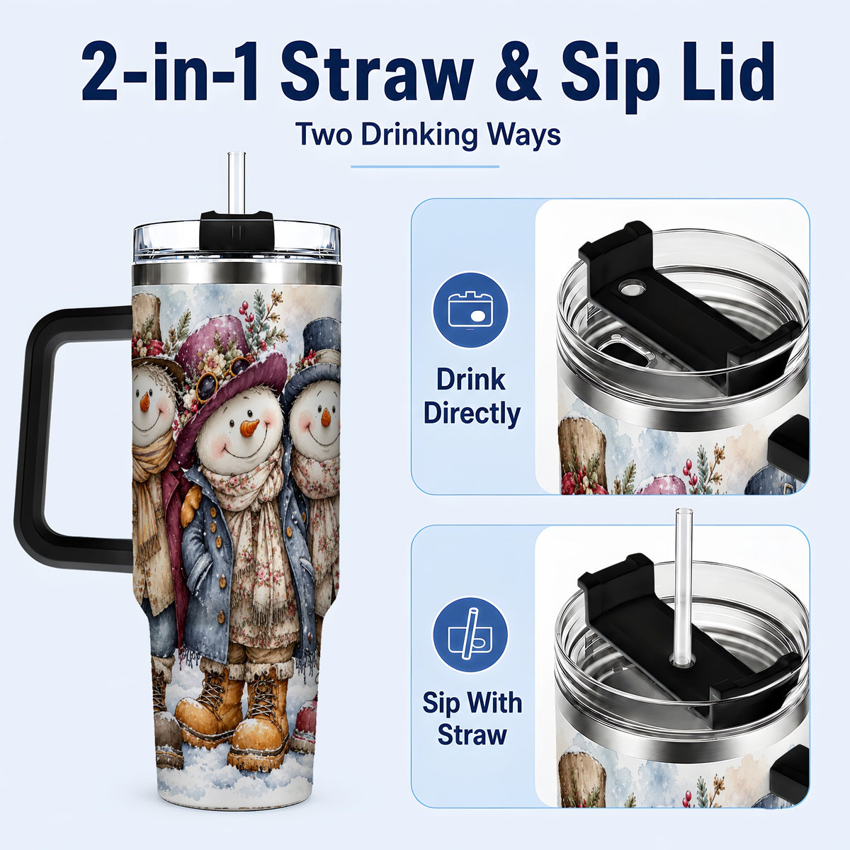 #pl[40oz|Black] Vintage Snowman Trio 40oz Tumbler, Winter Stainless Steel Travel Cup