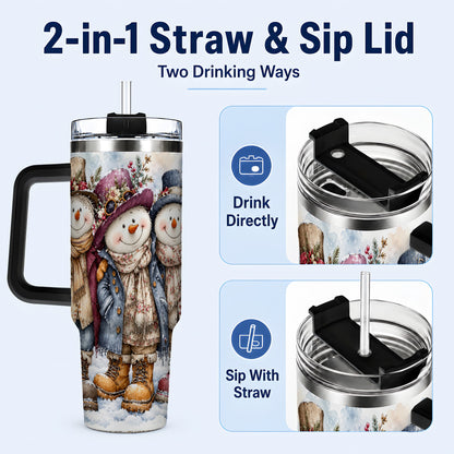 #pl[40oz|Black] Vintage Snowman Trio 40oz Tumbler, Winter Stainless Steel Travel Cup