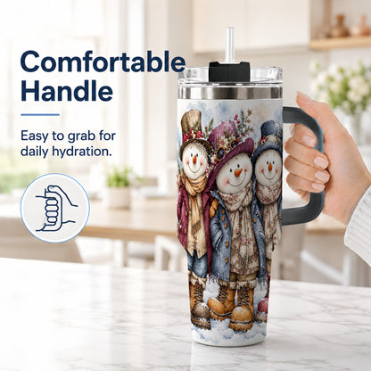 #pl[40oz|Black] Vintage Snowman Trio 40oz Tumbler, Winter Stainless Steel Travel Cup
