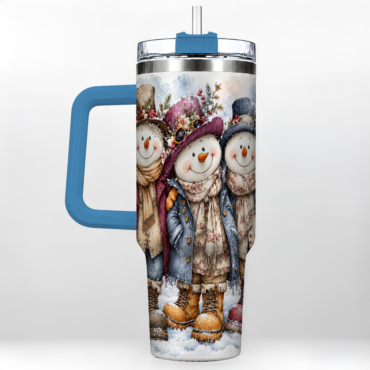 #pl[40oz|Blue] Vintage Snowman Trio 40oz Tumbler, Winter Stainless Steel Travel Cup