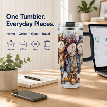 #pl[40oz|Black] Vintage Snowman Trio 40oz Tumbler, Winter Stainless Steel Travel Cup
