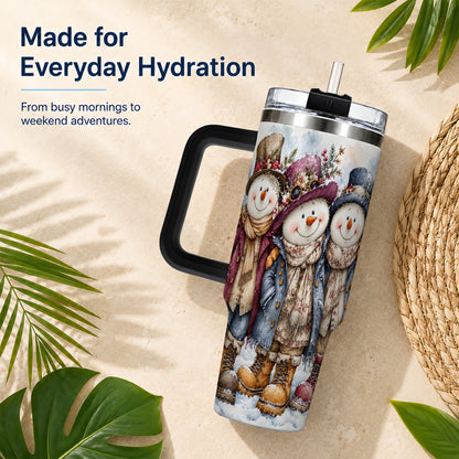 #pl[40oz|Black] Vintage Snowman Trio 40oz Tumbler, Winter Stainless Steel Travel Cup