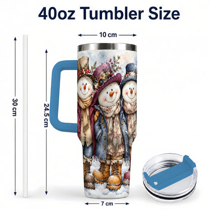 #pl[40oz|Blue] Vintage Snowman Trio 40oz Tumbler, Winter Stainless Steel Travel Cup