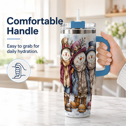 #pl[40oz|Blue] Vintage Snowman Trio 40oz Tumbler, Winter Stainless Steel Travel Cup