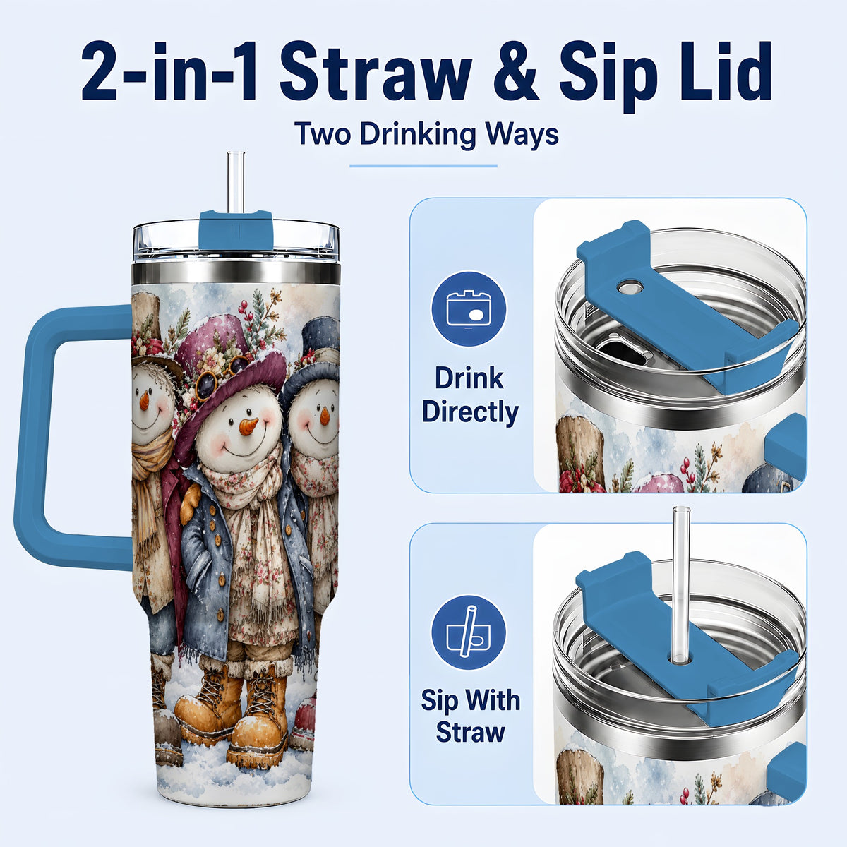 #pl[40oz|Blue] Vintage Snowman Trio 40oz Tumbler, Winter Stainless Steel Travel Cup