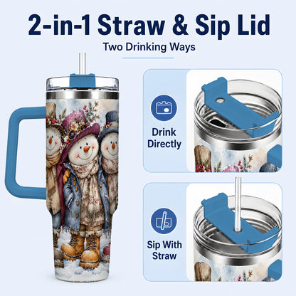 #pl[40oz|Blue] Vintage Snowman Trio 40oz Tumbler, Winter Stainless Steel Travel Cup