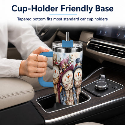 #pl[40oz|Blue] Vintage Snowman Trio 40oz Tumbler, Winter Stainless Steel Travel Cup