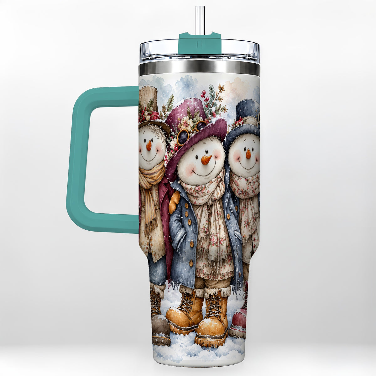 #pl[40oz|Green] Vintage Snowman Trio 40oz Tumbler, Winter Stainless Steel Travel Cup