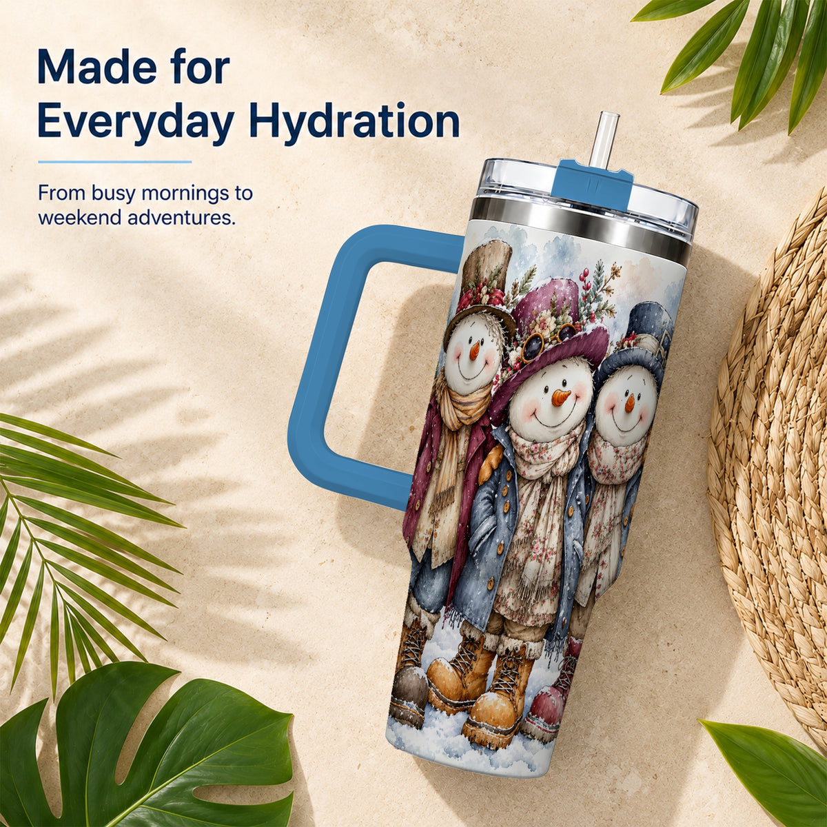 #pl[40oz|Blue] Vintage Snowman Trio 40oz Tumbler, Winter Stainless Steel Travel Cup