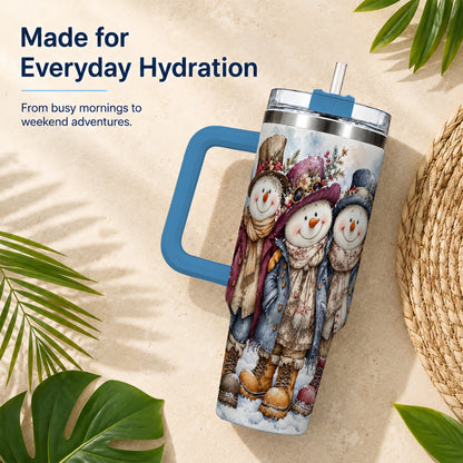 #pl[40oz|Blue] Vintage Snowman Trio 40oz Tumbler, Winter Stainless Steel Travel Cup