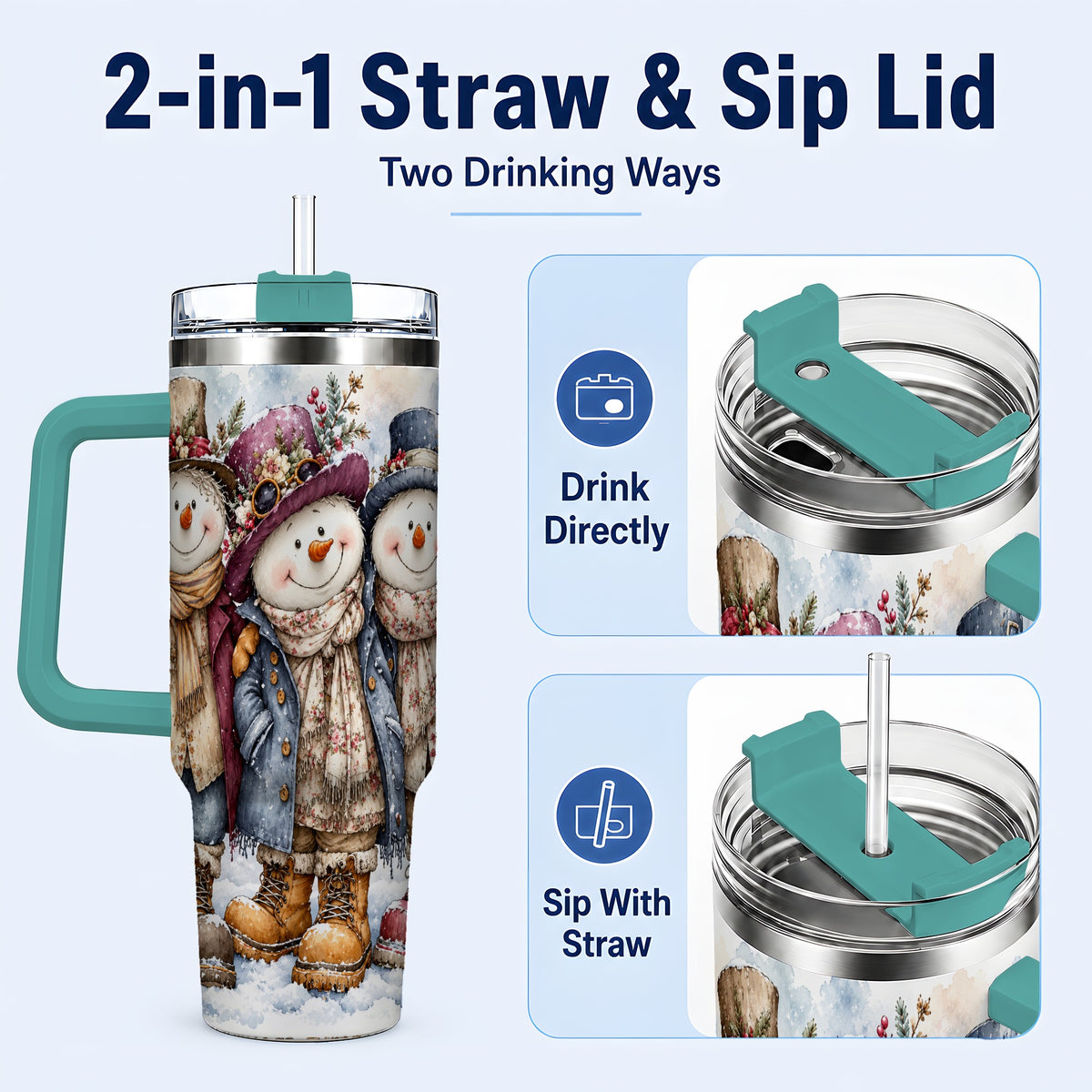 #pl[40oz|Green] Vintage Snowman Trio 40oz Tumbler, Winter Stainless Steel Travel Cup