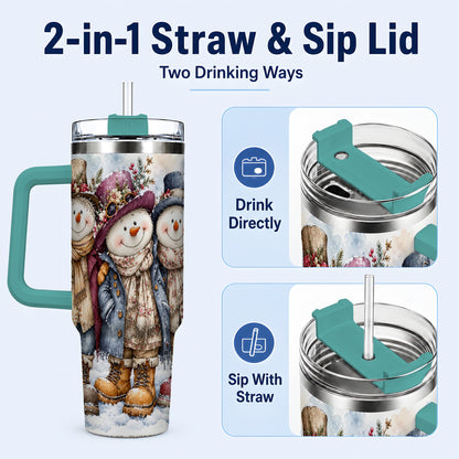 #pl[40oz|Green] Vintage Snowman Trio 40oz Tumbler, Winter Stainless Steel Travel Cup