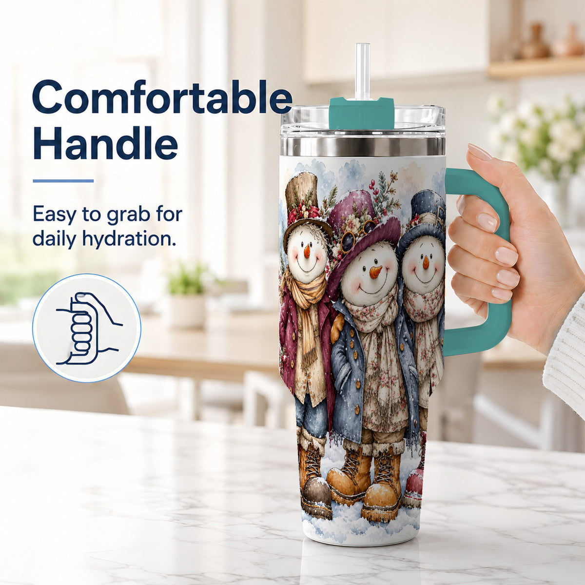 #pl[40oz|Green] Vintage Snowman Trio 40oz Tumbler, Winter Stainless Steel Travel Cup