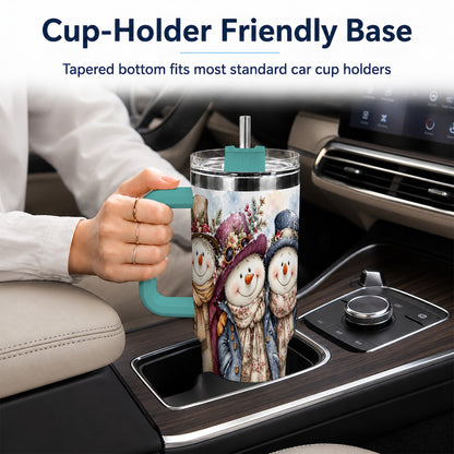 #pl[40oz|Green] Vintage Snowman Trio 40oz Tumbler, Winter Stainless Steel Travel Cup