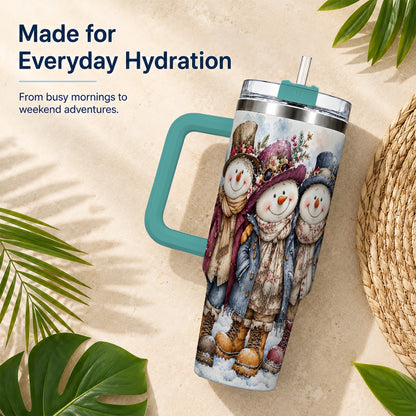 #pl[40oz|Green] Vintage Snowman Trio 40oz Tumbler, Winter Stainless Steel Travel Cup
