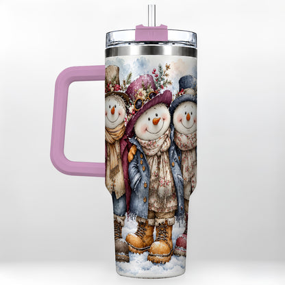 #pl[40oz|Pink] Vintage Snowman Trio 40oz Tumbler, Winter Stainless Steel Travel Cup