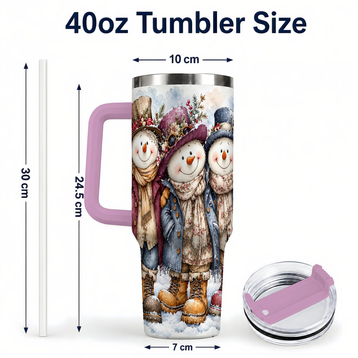 #pl[40oz|Pink] Vintage Snowman Trio 40oz Tumbler, Winter Stainless Steel Travel Cup