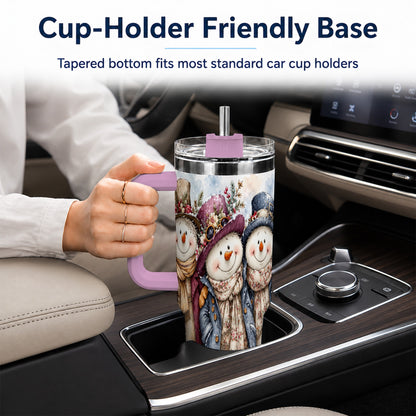 #pl[40oz|Pink] Vintage Snowman Trio 40oz Tumbler, Winter Stainless Steel Travel Cup