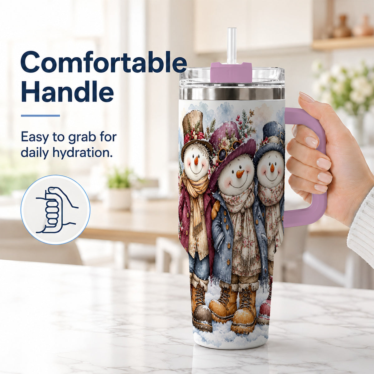 #pl[40oz|Pink] Vintage Snowman Trio 40oz Tumbler, Winter Stainless Steel Travel Cup