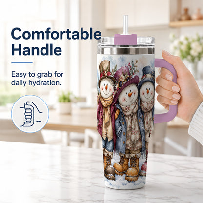 #pl[40oz|Pink] Vintage Snowman Trio 40oz Tumbler, Winter Stainless Steel Travel Cup