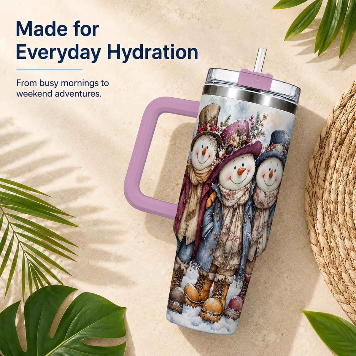 #pl[40oz|Pink] Vintage Snowman Trio 40oz Tumbler, Winter Stainless Steel Travel Cup