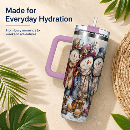 #pl[40oz|Pink] Vintage Snowman Trio 40oz Tumbler, Winter Stainless Steel Travel Cup
