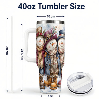 #pl[40oz|White] Vintage Snowman Trio 40oz Tumbler, Winter Stainless Steel Travel Cup