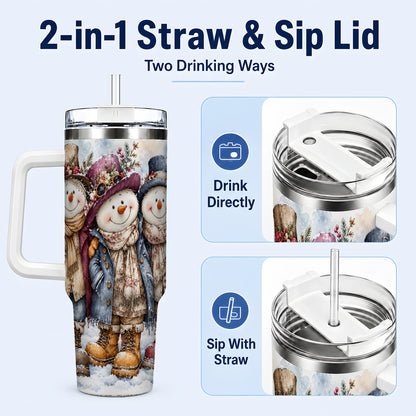 #pl[40oz|White] Vintage Snowman Trio 40oz Tumbler, Winter Stainless Steel Travel Cup