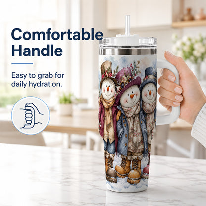 #pl[40oz|White] Vintage Snowman Trio 40oz Tumbler, Winter Stainless Steel Travel Cup