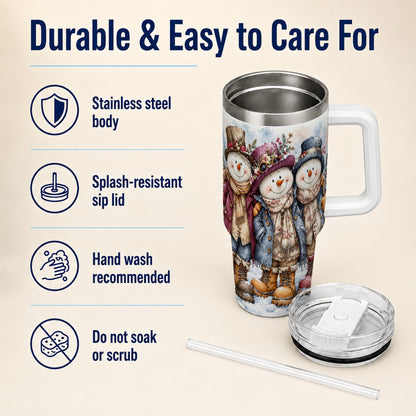 #pl[40oz|White] Vintage Snowman Trio 40oz Tumbler, Winter Stainless Steel Travel Cup